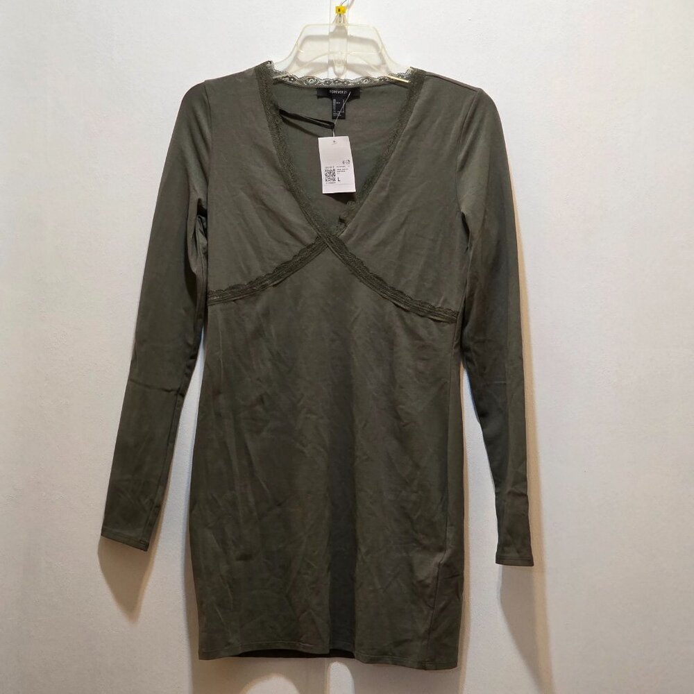 Forever‎ 21 Dark Green Mini Dress Long Sleeve Lace Trim V-Neck Size L New